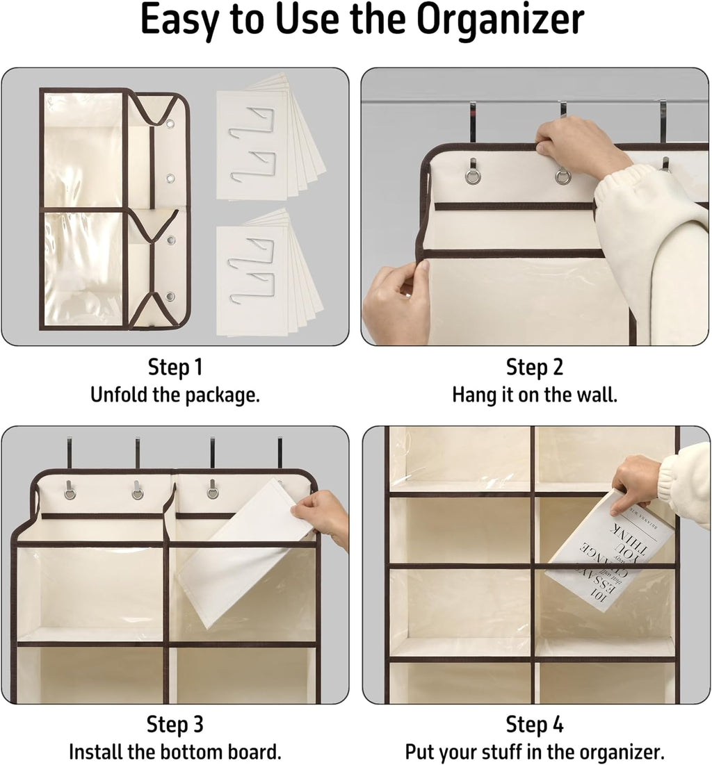 White Over Door Organizer with 10 Large Front Pockets and 6 Side Mesh Pockets, Double-Row Hanging Door Storage for Closet, Bathroom, Nursery, Bedroom, Dorm, Toys, Toiletries, Baby Essentials