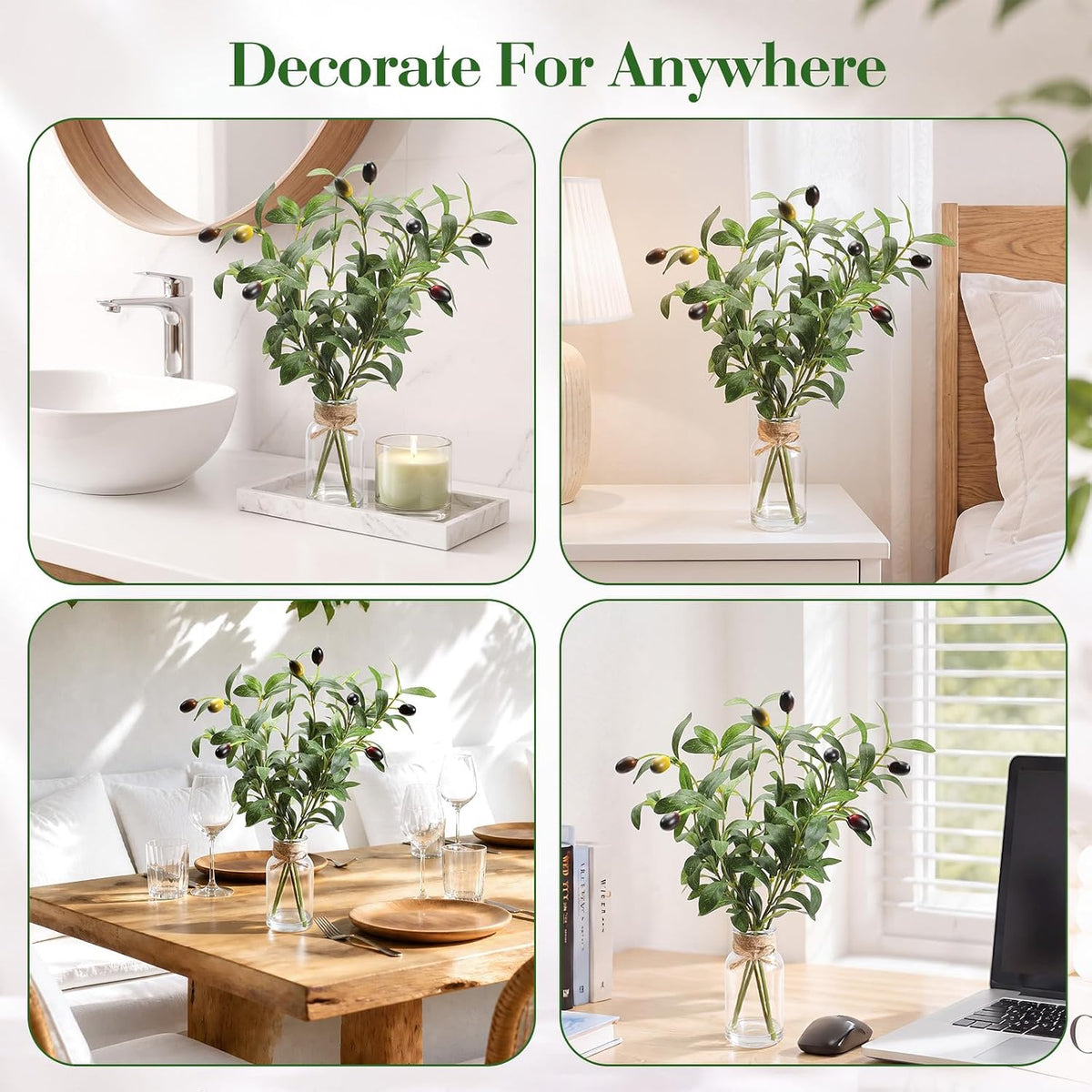 Artificial Olive Branch in Glass Vase with Faux Water, Fake Olive Plant for Home Decor, Kitchen Bathroom Office Coffee Table Centerpiece, Farmhouse Wedding Room Wall Decor(2Pack)