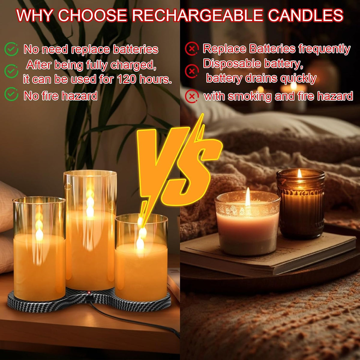 GenSwin Glass Rechargeable Flameless Candles with Remote & Charging Base