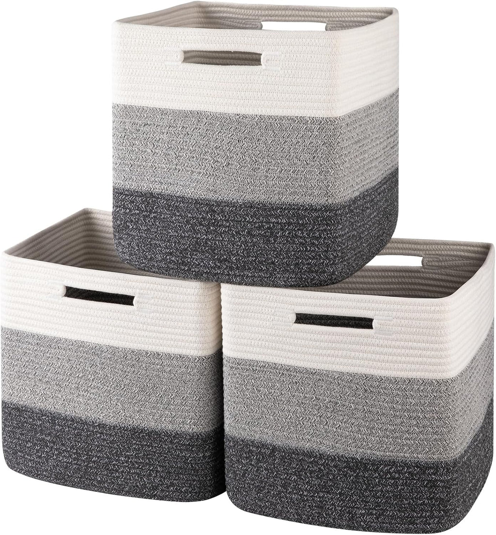 OIAHOMY 13 Inch Cube Storage Bins, 3-Pack Cotton Rope Woven Baskets for Organizing, Insert Storage Baskets for Shelves, Baby Nursery, Closet Organizer, 13 * 13 * 12.6IN, Gradient Gray