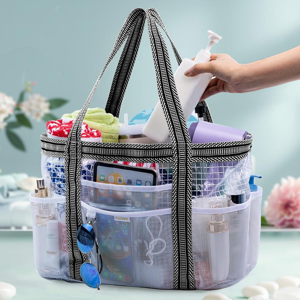 Large Mesh Shower Caddy – Portable ShowerTote with Waterproof Phone Pouch – Quick Dry Shower Bag with Separate Dry & Wet Zones for College Dorm, Gym, Beach Tote, Camping, Travel Essentials