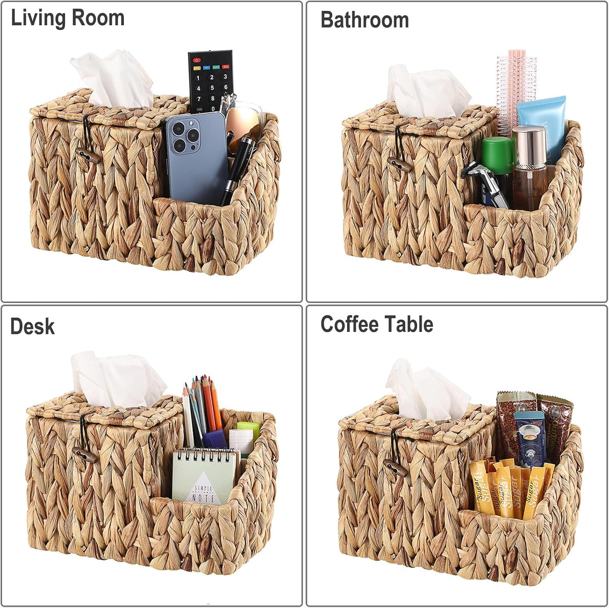 Sumnacon Square Tissue Box Cover with Side Organizer - Wicker Cube Tissue Box for Bathroom Toilet (Water Hyacinth, Natural)