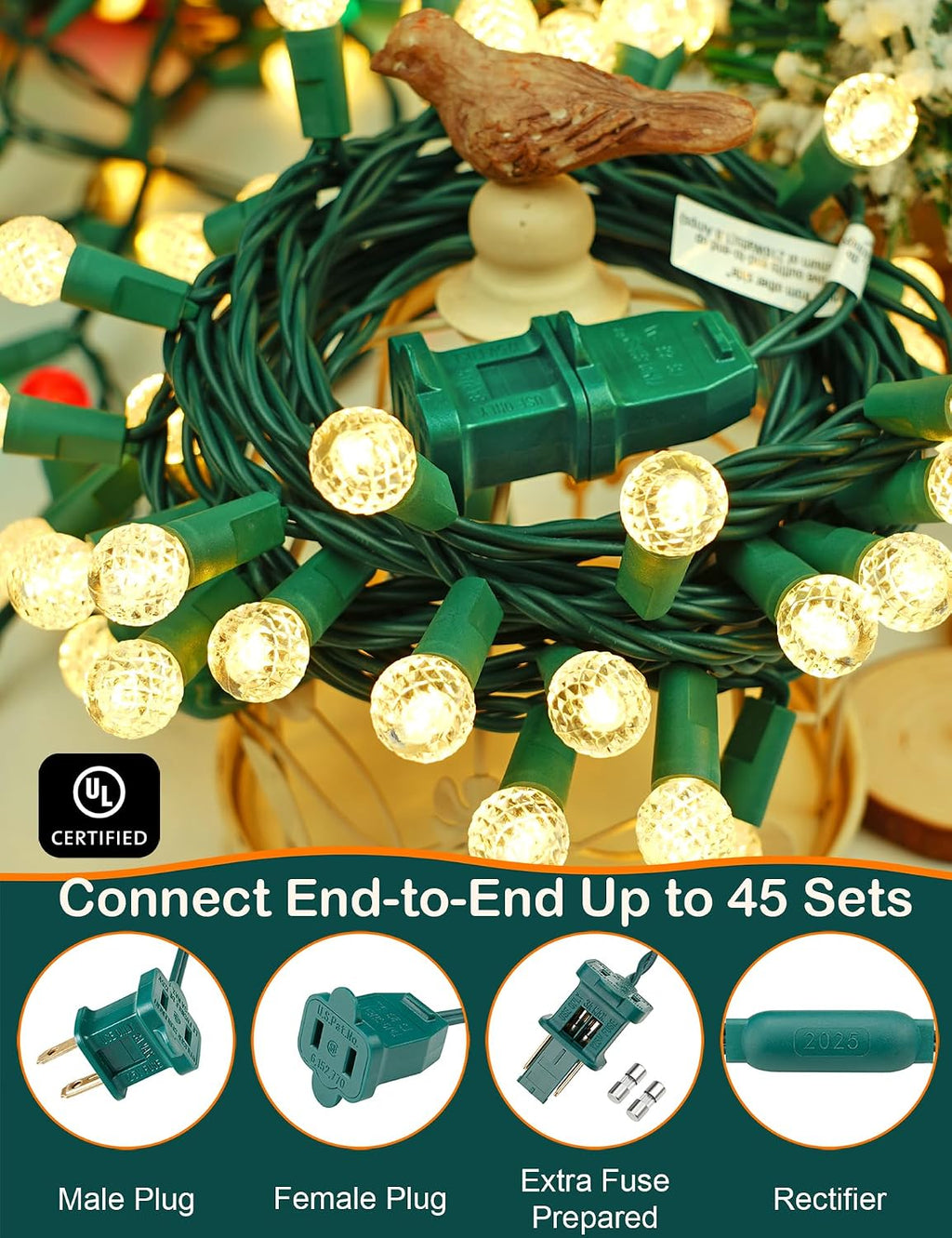 BOHON Warm White Christmas Lights String 17FT 50 LED Faceted G15 Globe