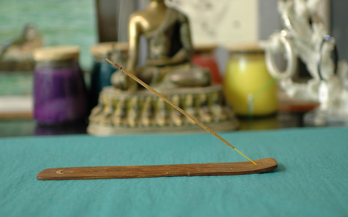 Two Pack Brass Inlay Moon and Star Handmade Wooden Incense Stick Holders, Ash-Catchers.