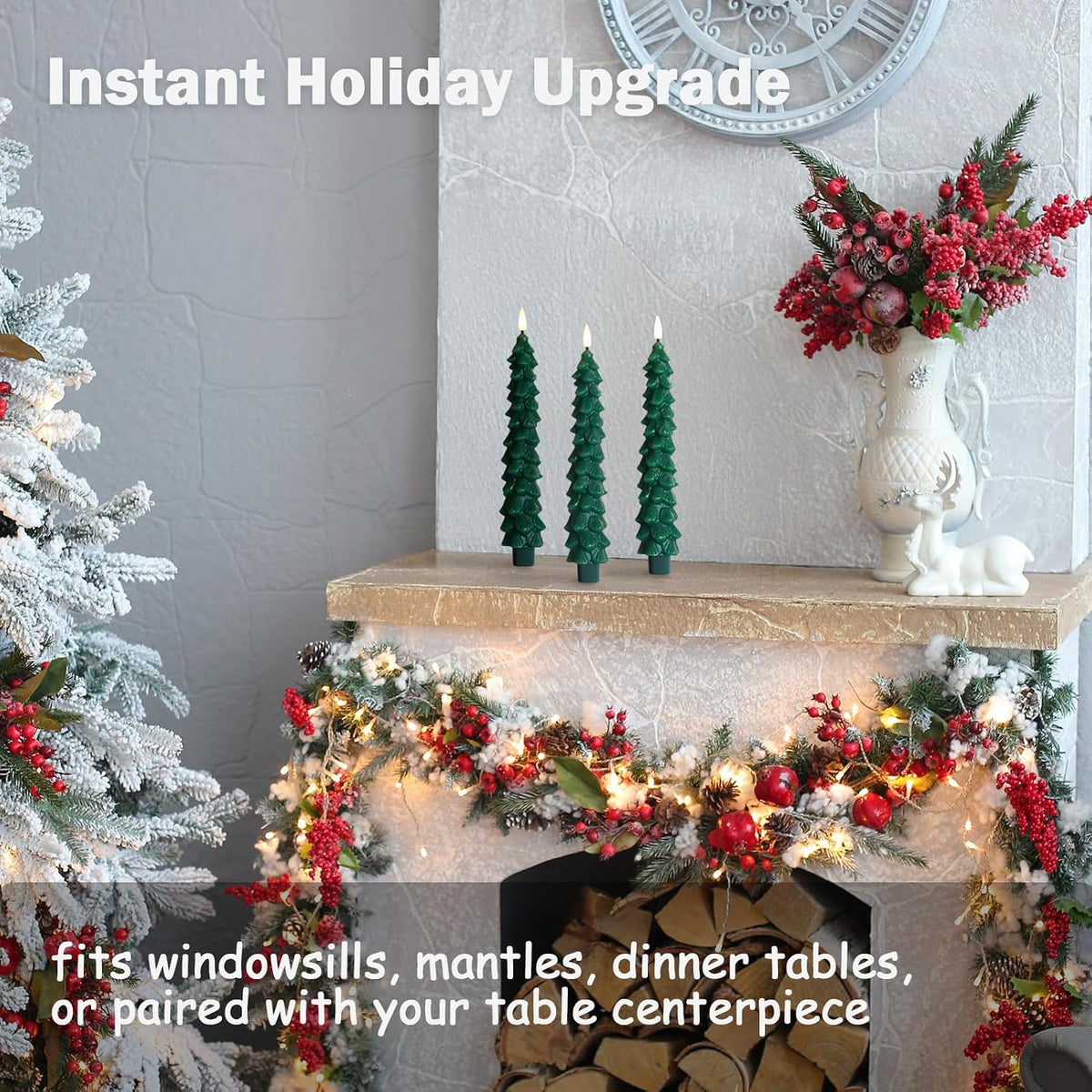 FPOO Waxy Christmas Tree Candles with Remote, Christmas Decorations Indoor, 3 PCS Real Wax Flameless Taper Candles Flickering, Green LED Candlesticks Battery Window Candle (9.5 inches)