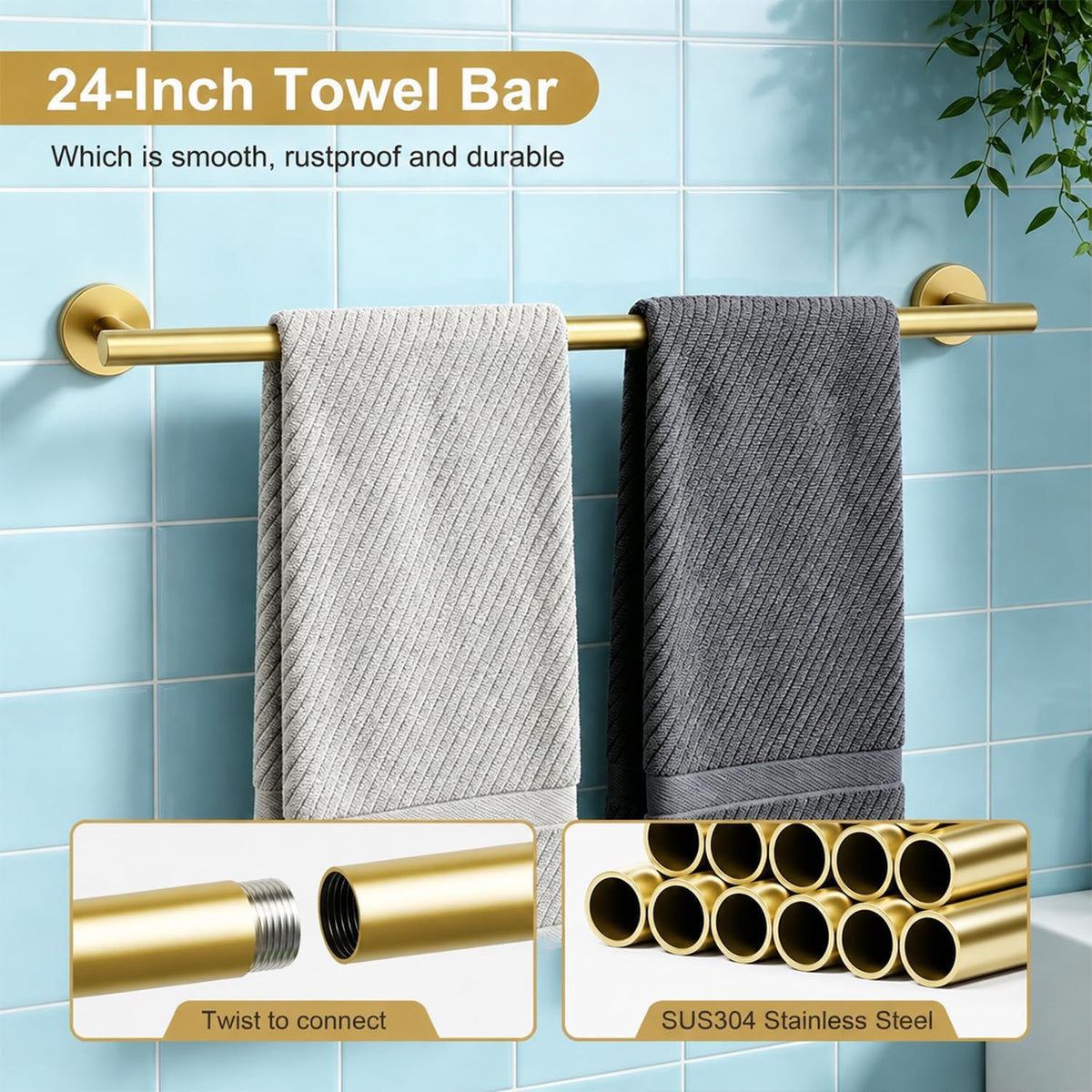 Brushed Gold Bathroom Accessories Set, 6 Pieces Bathroom Hardware Set Gold Bathroom Set, 24 Inch Towel Racks for Bathroom, SUS304 Stainless Steel Bath Towel Bar Set Toilet Paper Holder Wall Mounted