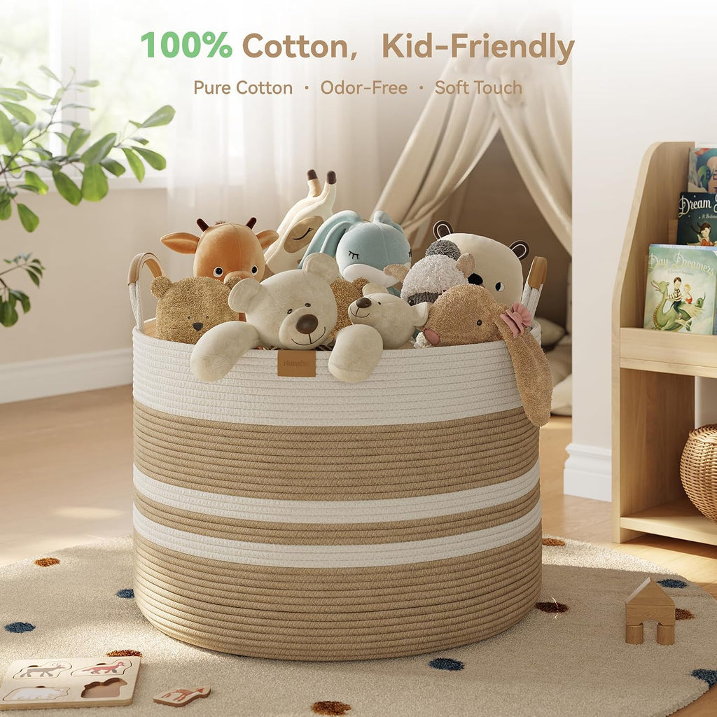 Nunsino 115L Blanket Basket with Leather Handles,Laundry Basket,Brown White