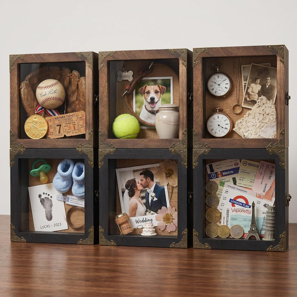 Deep Shadow Box Frame 8x8, 4.7" Depth Display Case with Real Glass Door, Black Solid Wood Memory Box with Vintage Metal Corners for Photos, Medals, Flowers, Wedding Keepsakes