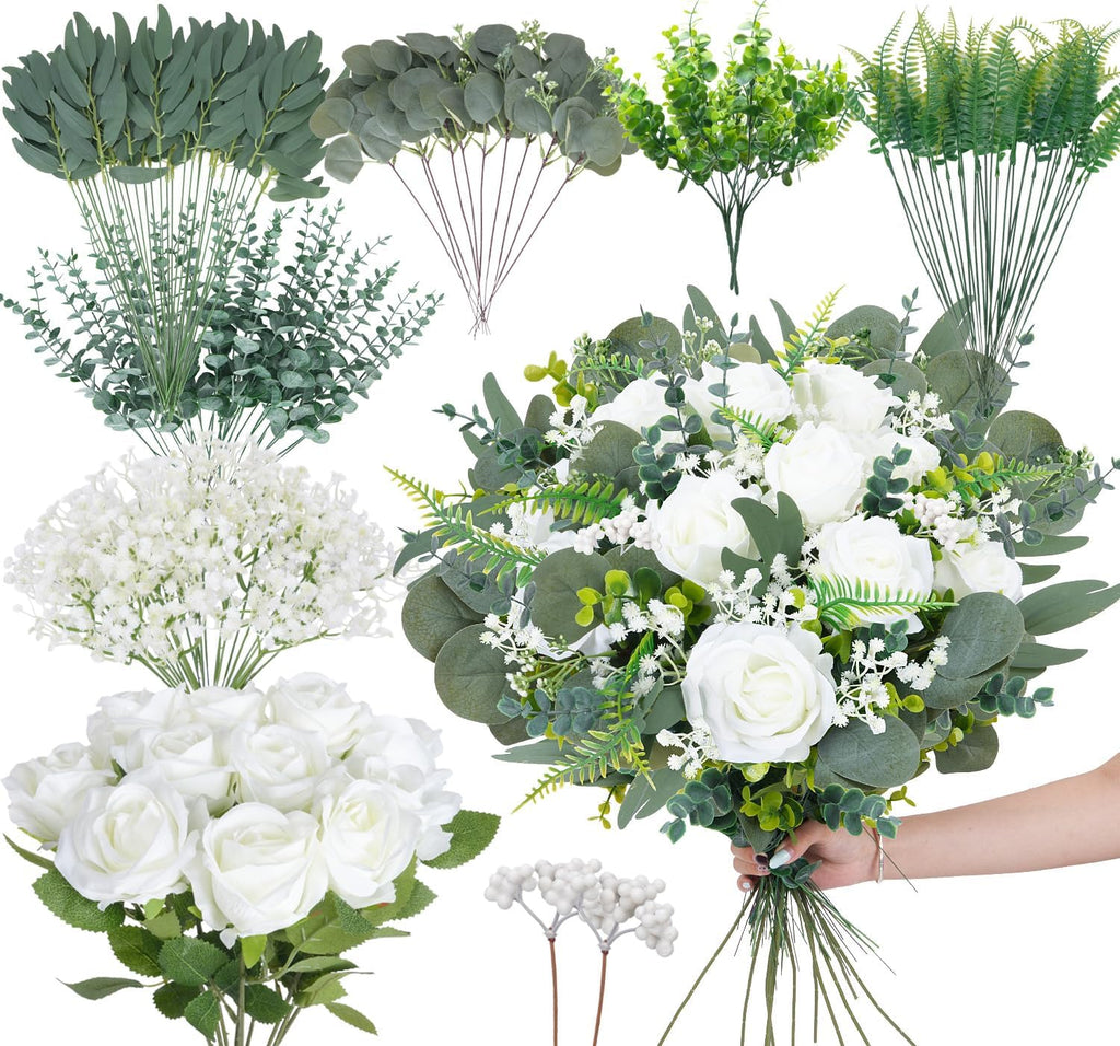 GTIDEA 150 Pcs 8 Kinds Mixed Eucalyptus Greenery Stems Flowers Bulk