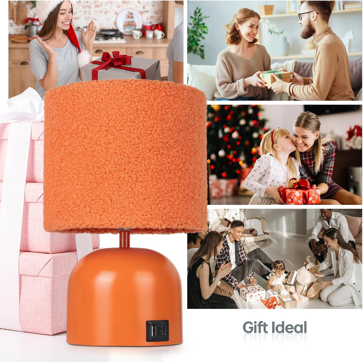 Table Lamp for Bedroom, Bedside Lamps for Nightstand, Minimalist Night Stand Light Lamp with Type-C and USB Ports, Modern Desk Table Lamp for Bedroom, Living Room, Dining Room, Office (Orange)