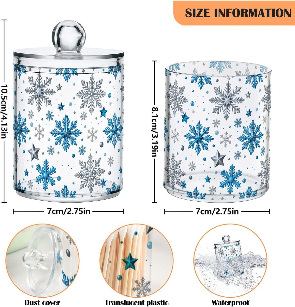 Gredecor Christmas Winter Qtip Holder Dispenser 2 Pack Silver Blue Glitter Snowflakes Bathroom Decorative Storage Canister Holder Counter Vanity Organizer for Cotton Ball Swabs Pads Floss