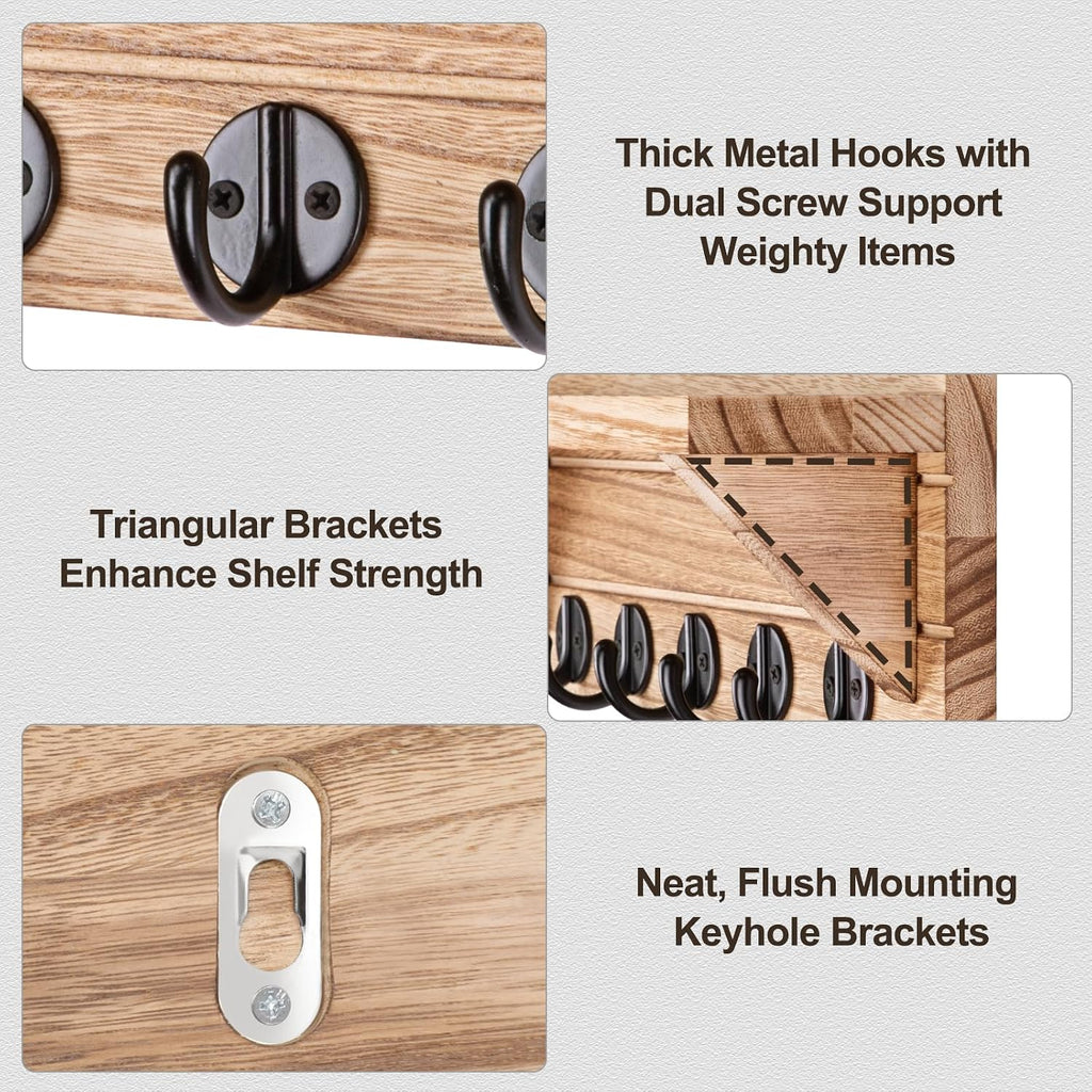 Lwenki Wall Key Holder, Rustic Shelf with Hooks Made of Paulownia Wood Holds Keys, Dog Leash, Bags and More - 13.7" W x 4.7" H x 3.5" D Decorative Key Hanger and Entryway Shelf