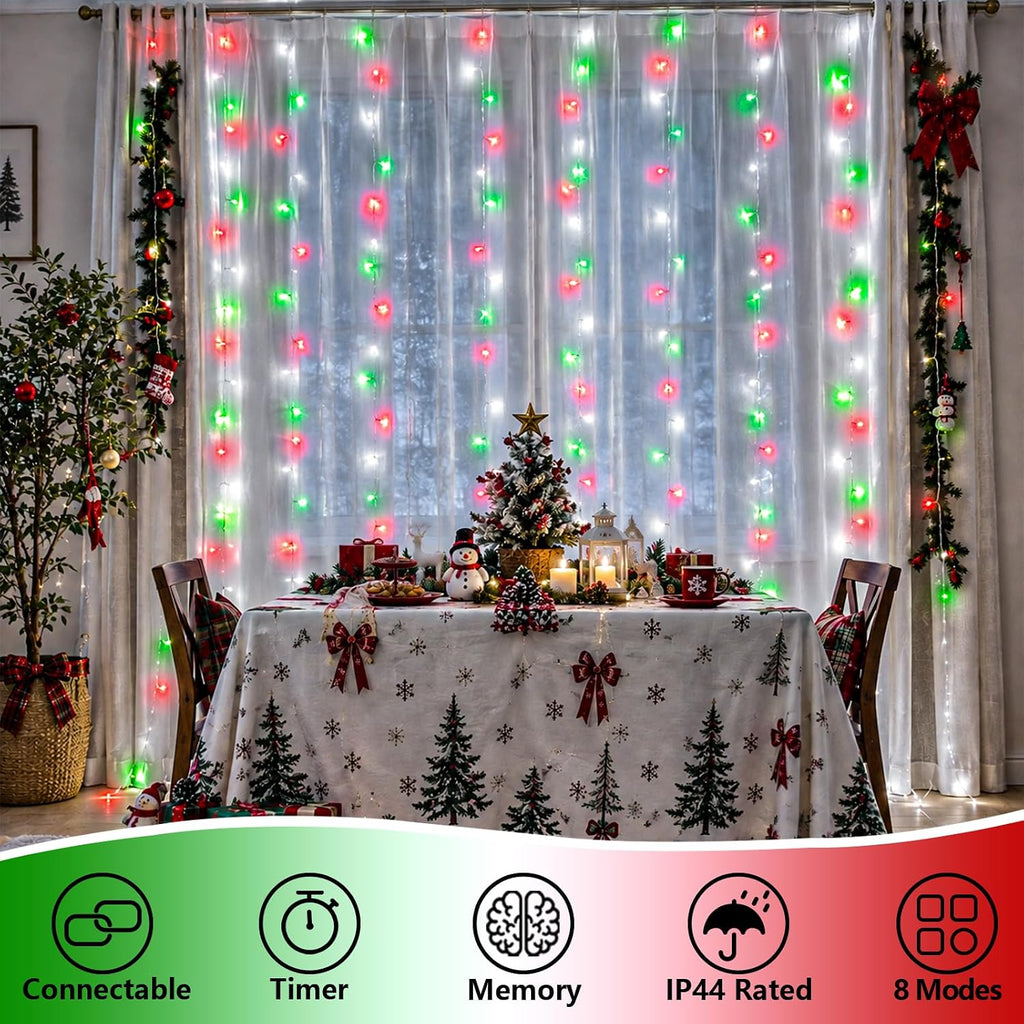 YEGUO 300 LED Red White and Green Christmas Lights, Curtain Lights Plug in, 8 Modes Hanging String Lights for Bedroom Wall Window Backdrop Indoor Outdoor Party Xmas Decorations-9.8x9.8ft