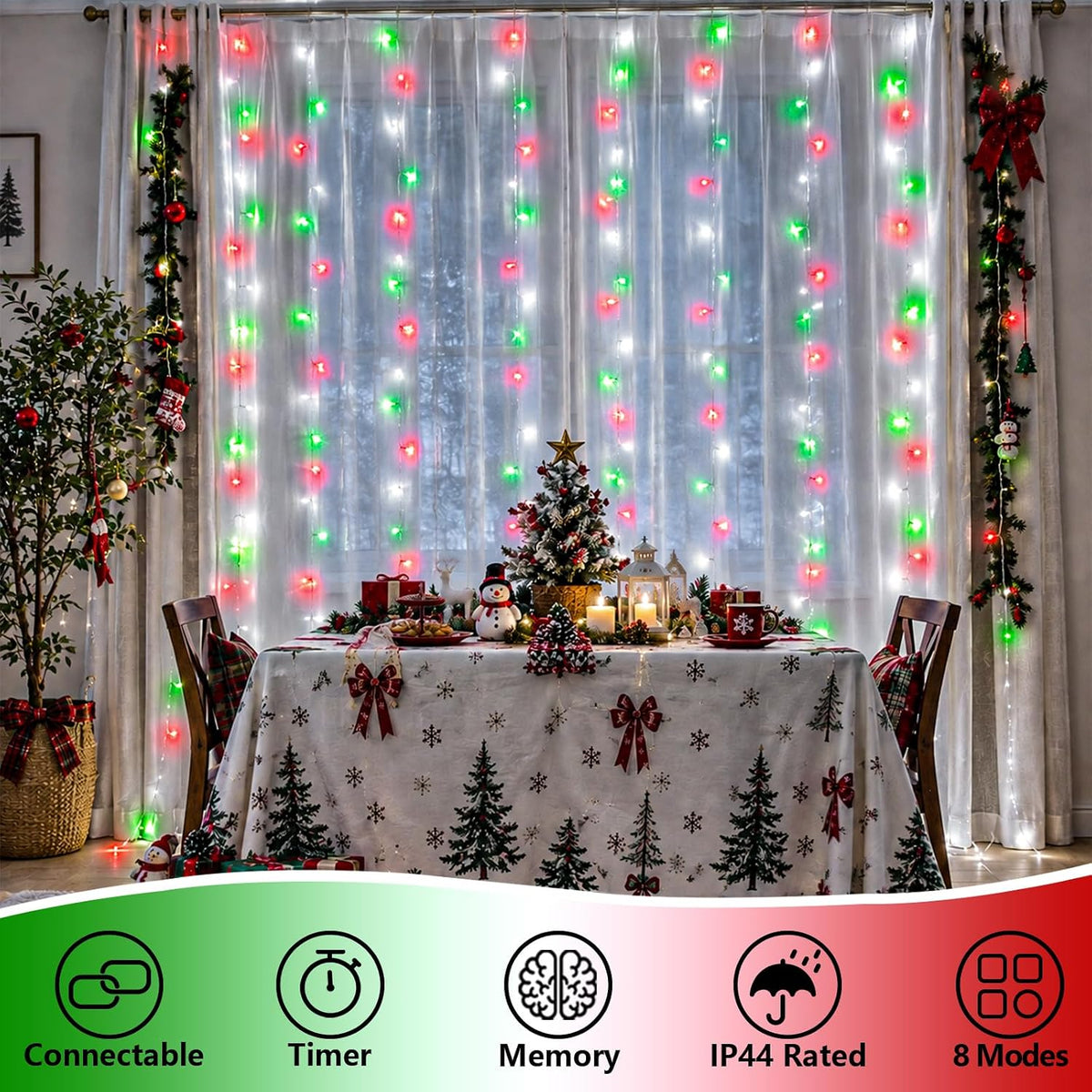 YEGUO 300 LED Red White and Green Christmas Lights, Curtain Lights Plug in, 8 Modes Hanging String Lights for Bedroom Wall Window Backdrop Indoor Outdoor Party Xmas Decorations-9.8x9.8ft