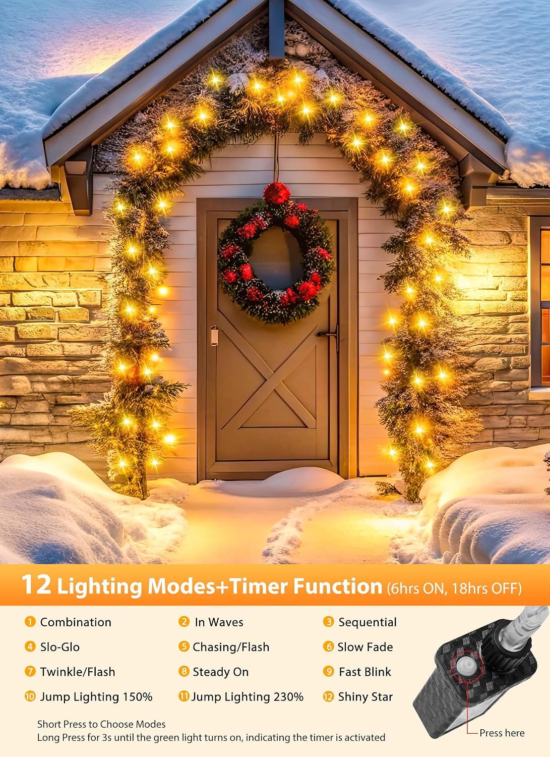 Minetom Christmas Tree Lights Outdoor - 200 LED 10 Ft Firecrackers String, 12 Modes Timer Waterproof Connectable Plug-in Twinkle Fairy Lights for Xmas Tree Garland Party