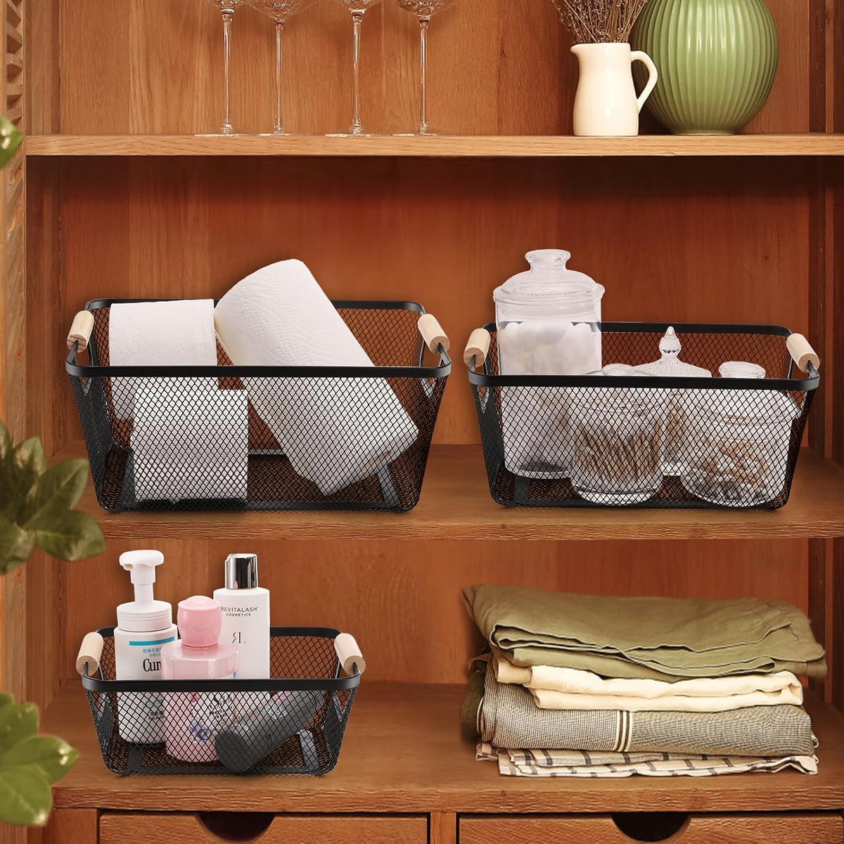Noamus 3 Pack Metal Mesh Basket with Wooden Handle, Farmhouse Wire Steel Storage Bins, Rectangle Fruit Vegetable Organizer Containers for Home Cabinet Pantry Kitchen Decor, Snack Gift (Black, 3 Size)