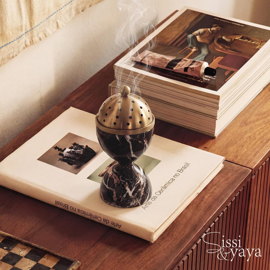 Black Marble Incense Burner with Brass Tray