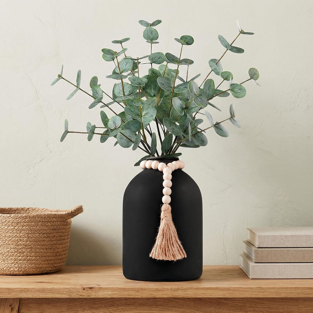 6 Pcs Artificial Eucalyptus Stems in Large Black Vase ,18" Artificial Greenery Stems Centerpieces Fake Eucalyptus Stems 9 in Tall Vase Home Decor Coffee Table Kitchen Table Centerpieces Decor (Black)