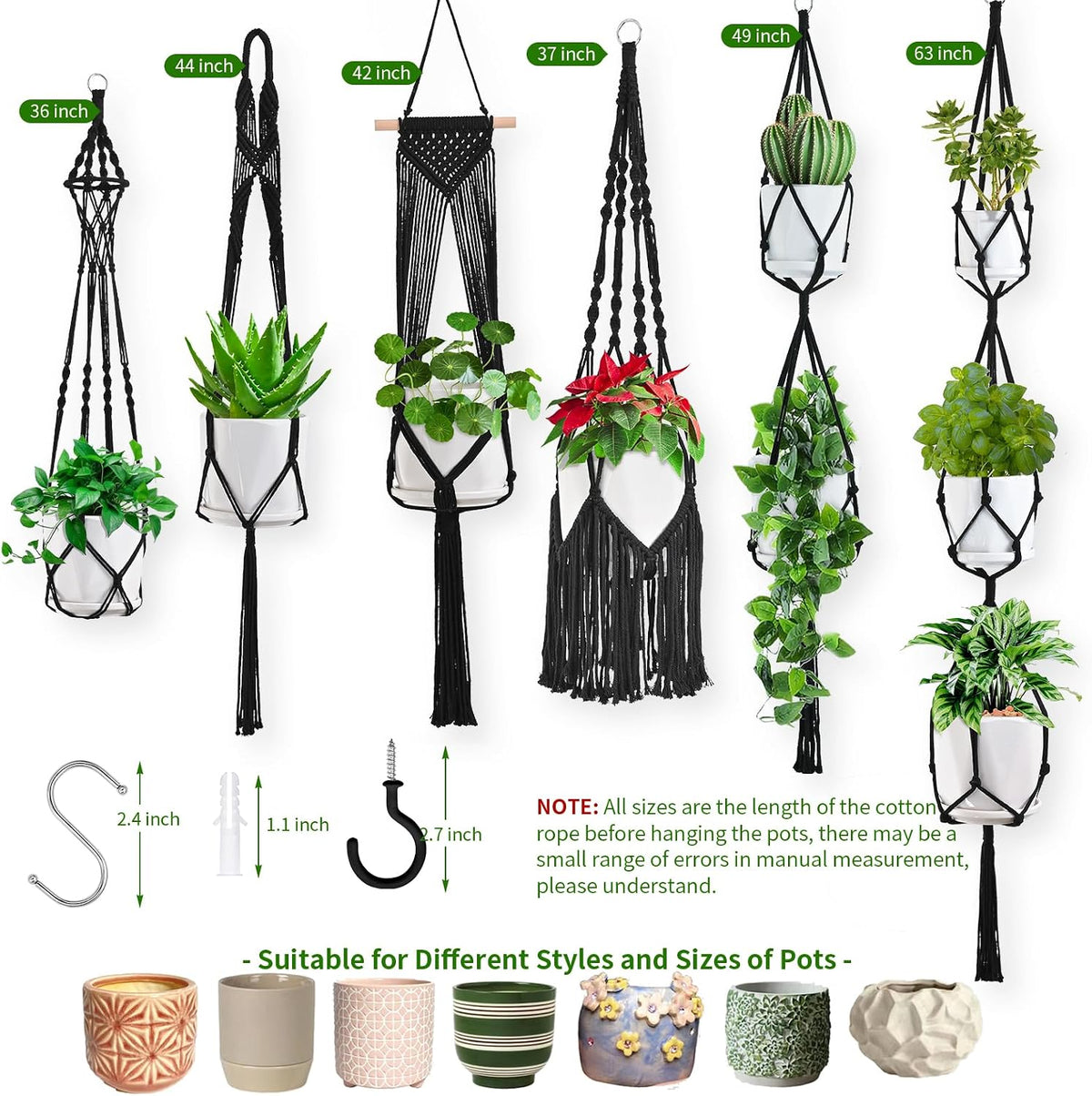Macrame Plant Hangers, 6Pack Hanging Plant Holders Indoor, Black