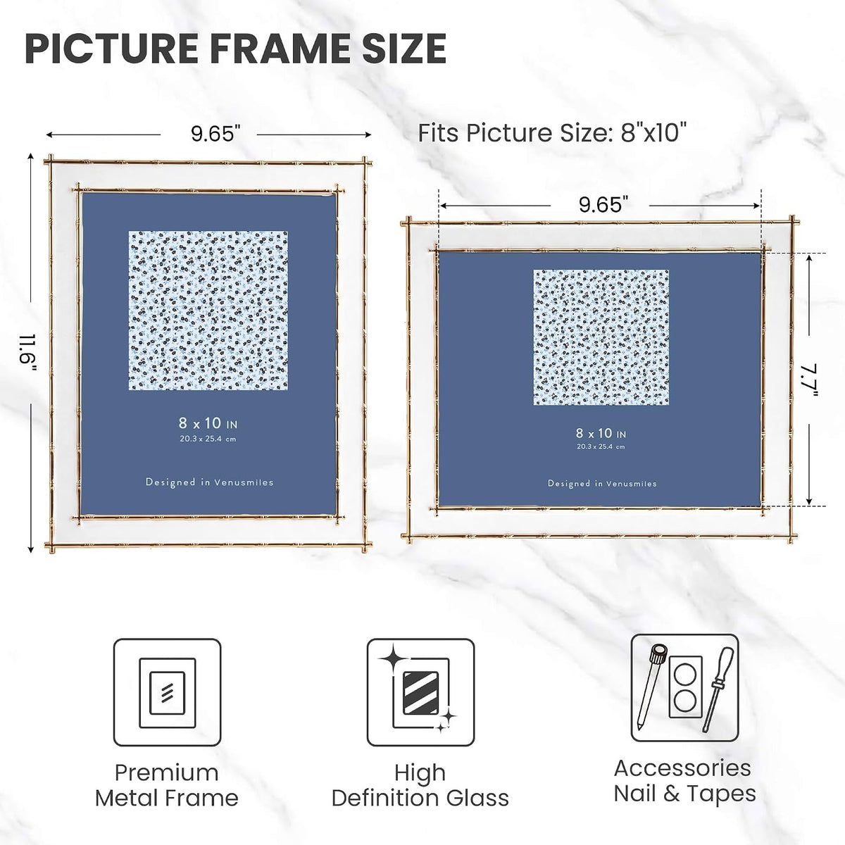 8x10 Picture Frame White Enamel, Gold Bamboo Design Edge, Tabletop, 1pc