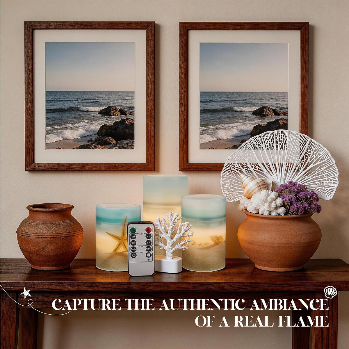 Beach Coastal Ocean Decor Seashell & Starfish Battery Flameless LED Candles