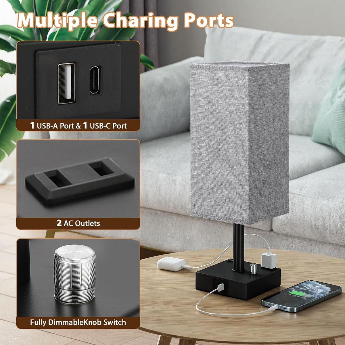 Grey Bedside Table Lamps Set of 2 - Dimmable, USB C+A, 2 AC Outlets