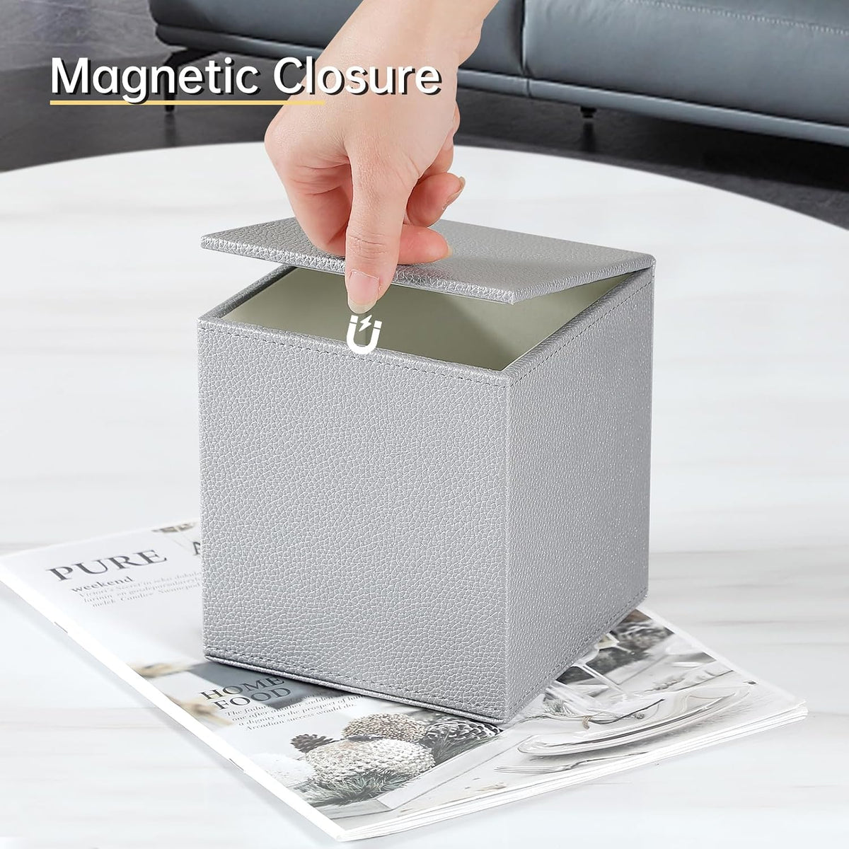 Square Tissue Box Cover with Magnetic Closure Bottom, Silver