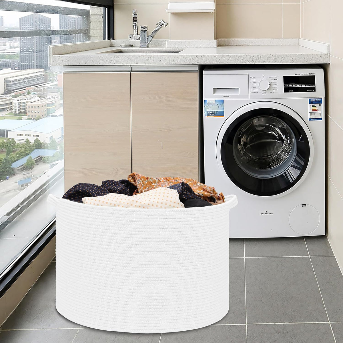 Large Cotton Rope Blanket Basket, 87L Laundry Hamper, White