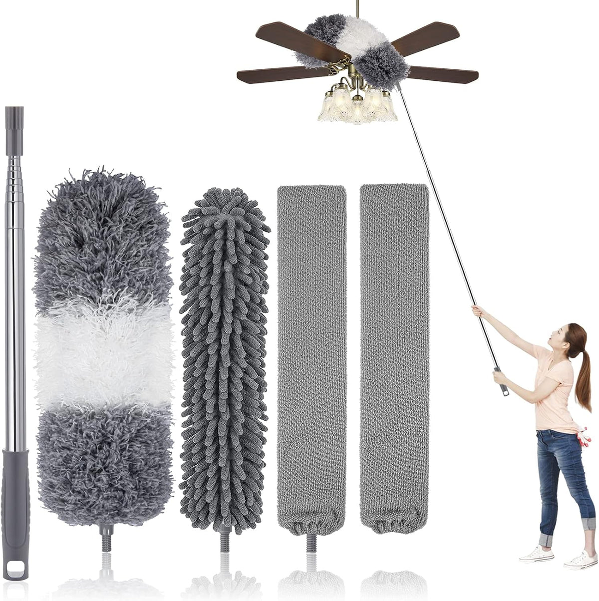 UIMO Microfiber Feather Duster Kit with Extension Pole (30–100") – Bendable Washable Heads, Extendable Dusters for Cleaning Ceiling Fan, High Ceiling, Blinds, Furniture & Cars (5 Pcs)