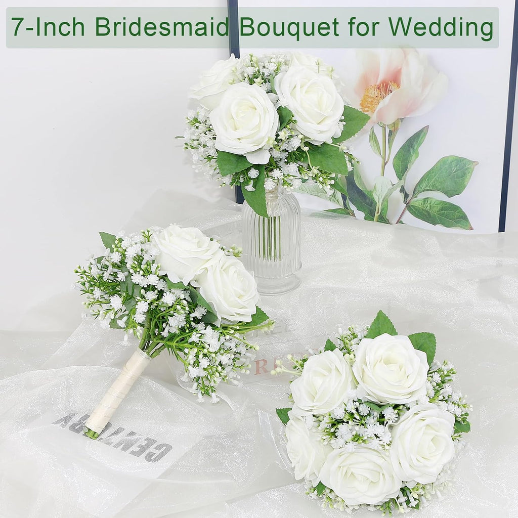 Small Bridesmaid Bouquet for Wedding - Pre-Made Artificial Flower Bouquet for Bridesmaid Silk Rose Babys Breath Bridal Bouquets for Vintage Country Boho Wedding Decorations -7 inch