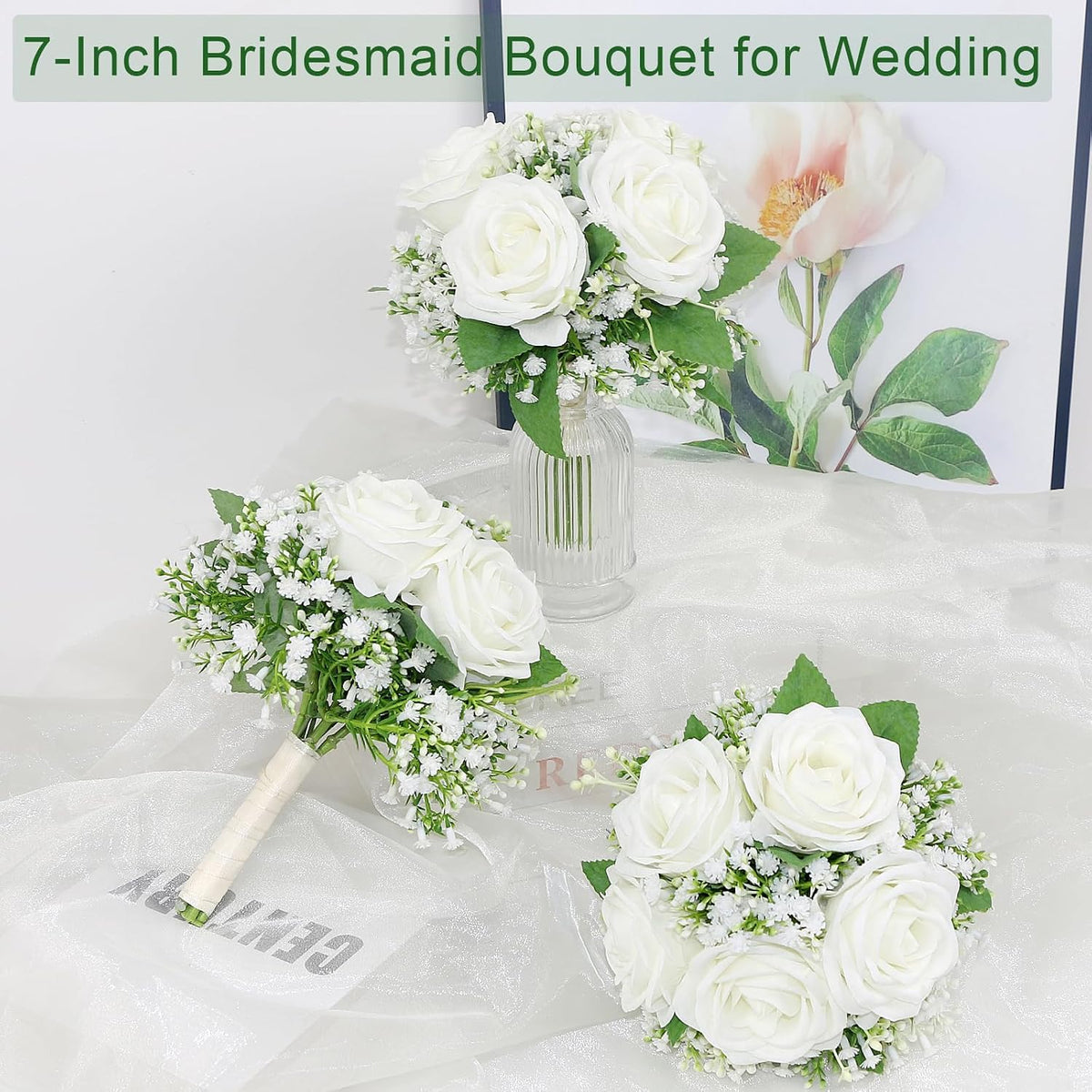 Small Bridesmaid Bouquet for Wedding - Pre-Made Artificial Flower Bouquet for Bridesmaid Silk Rose Babys Breath Bridal Bouquets for Vintage Country Boho Wedding Decorations -7 inch
