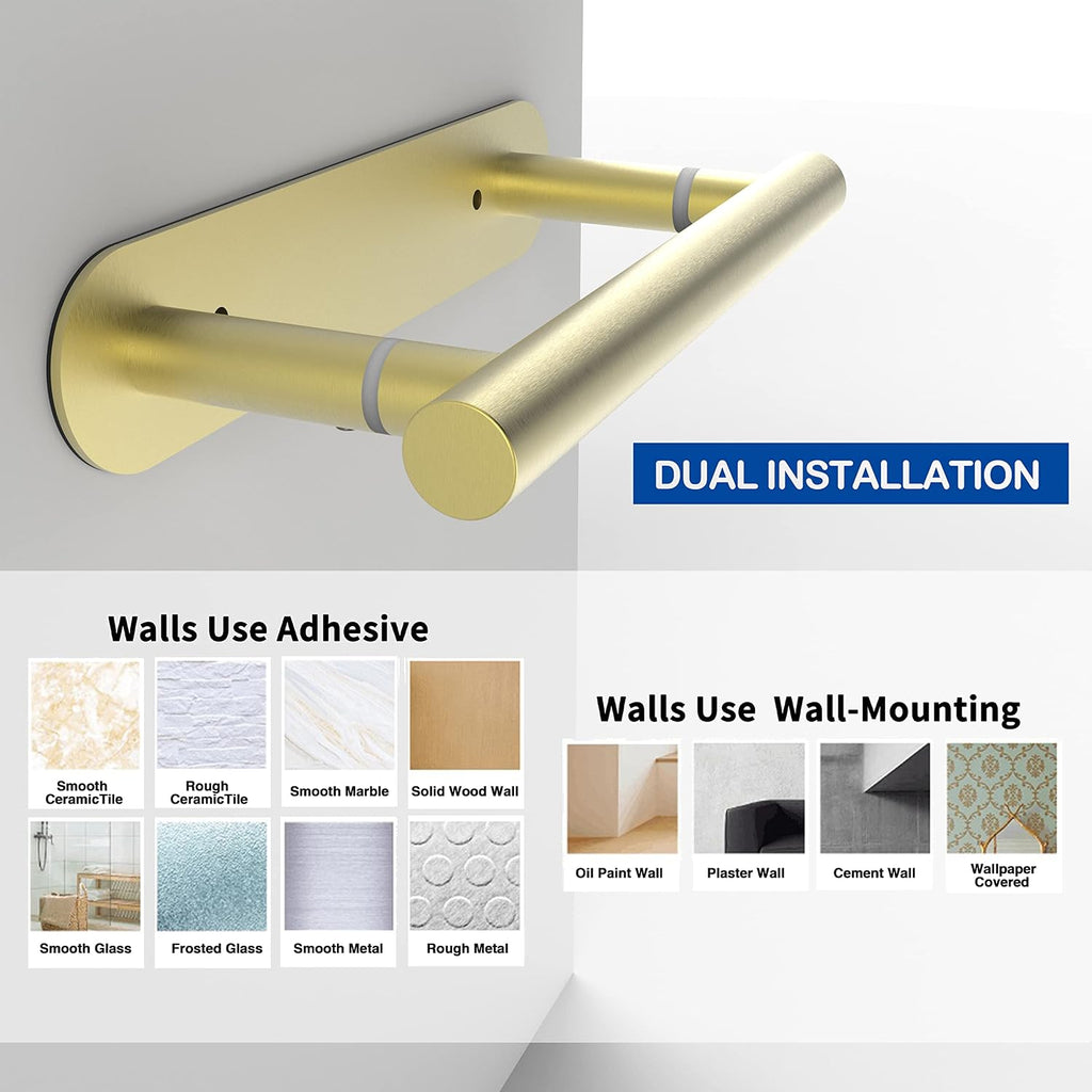 RUACQ Brushed Gold Toilet Paper Holder Adhesive or Drill Wall Mount