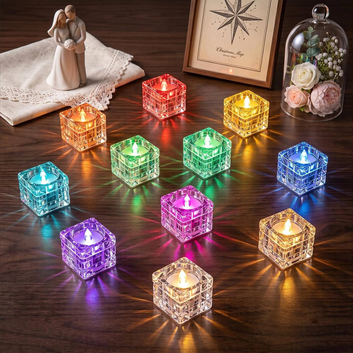 AVEKI 12 Pack Crystal Flameless Tea Lights Candles Battery Operated, Color Changing Flameless Tealight Candles for Halloween Christmas Wedding Party Home Decor (Block-Colorful)