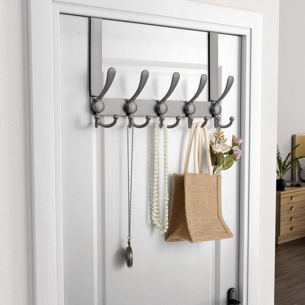 Dseap Over Door Hook 2.0 - Upgraded Version - Simple-Assembly, Strong, Heavy-Duty Stainless Steel 5-Tri-Hook Over The Door Hanger Rack, SimpleStrong Series, Grey, Pack of 2