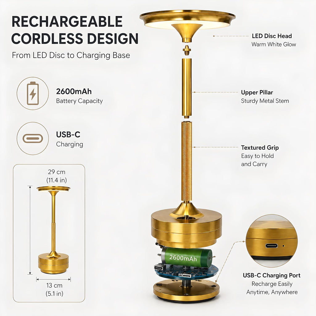 Cordless Rechargeable LED Table Lamp, 11.5 inches Modern Portable Desk Lamps 3 Colors Adjustable Brightness, 2600 mAh Battery Powered Table Light for Bar Restaurant Dining Golden 1Pcs