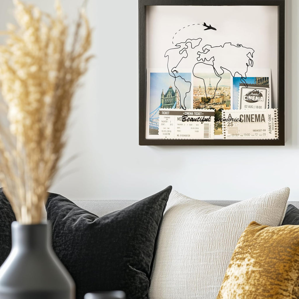 Adventure Archive Box, Travel Shadow Box with Slot, Shadow Box with Slot, Black and White, Store Memories: Money from Different Countries, Photos, Plane Tickets, Movie Tickets (Black, 8x8)