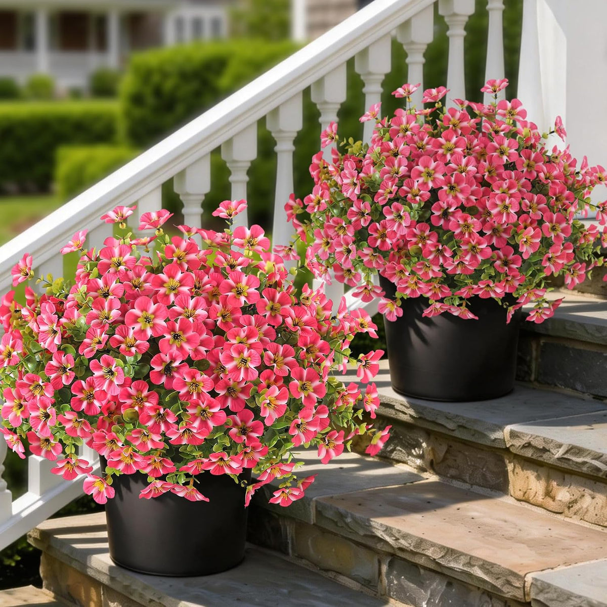 2 Pcs Artificial Flowers & Eucalyptus Topiary Trees for Porch (Rose Red)