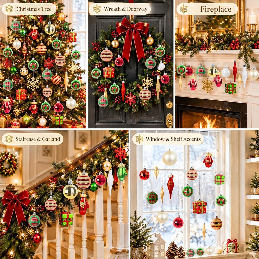 58pcs Classic Christmas Balls Ornaments Set, Red Green Gold Tree Hanging