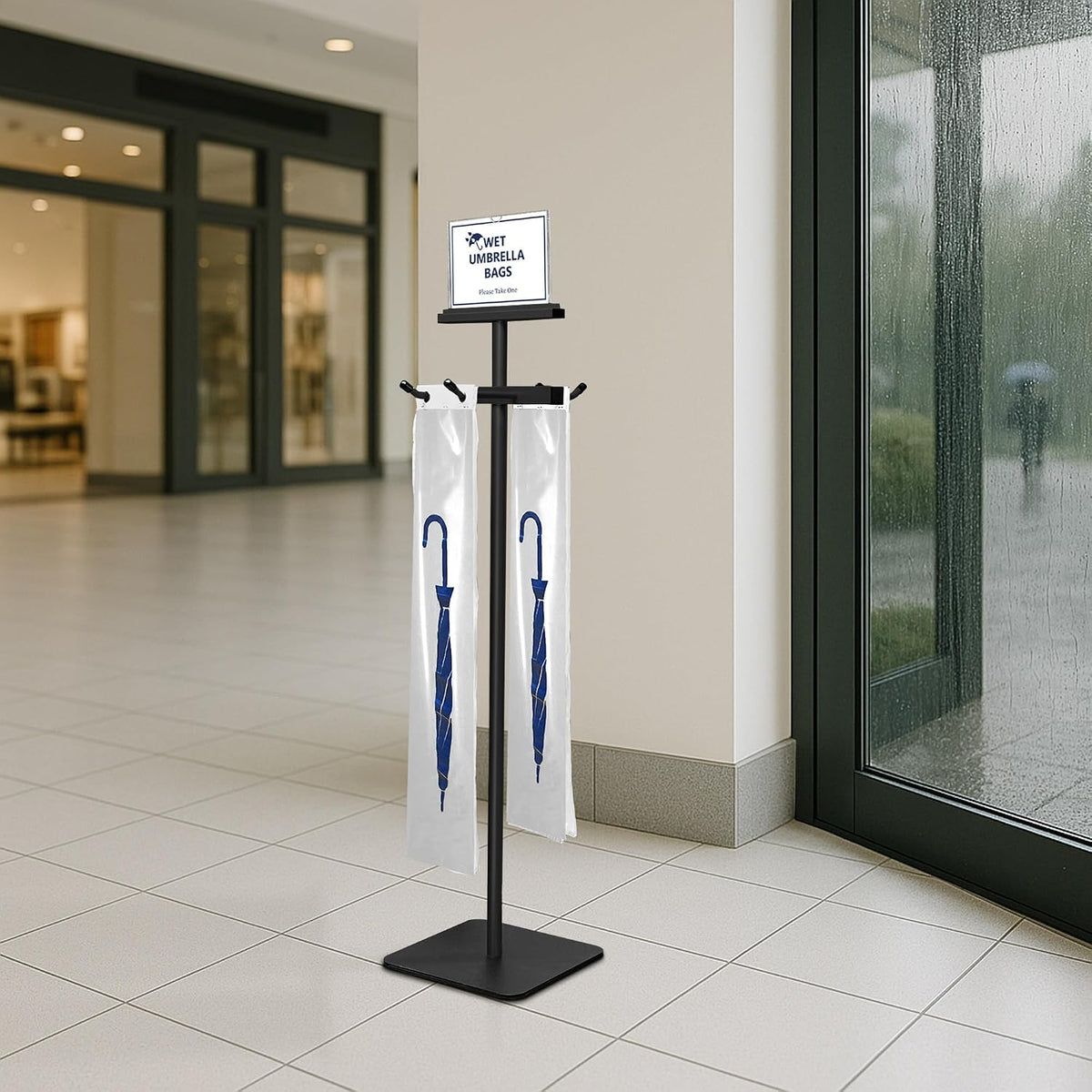 Wet Umbrella Bag Stand with Free 200 Large Plastic Disposable Bags, Black