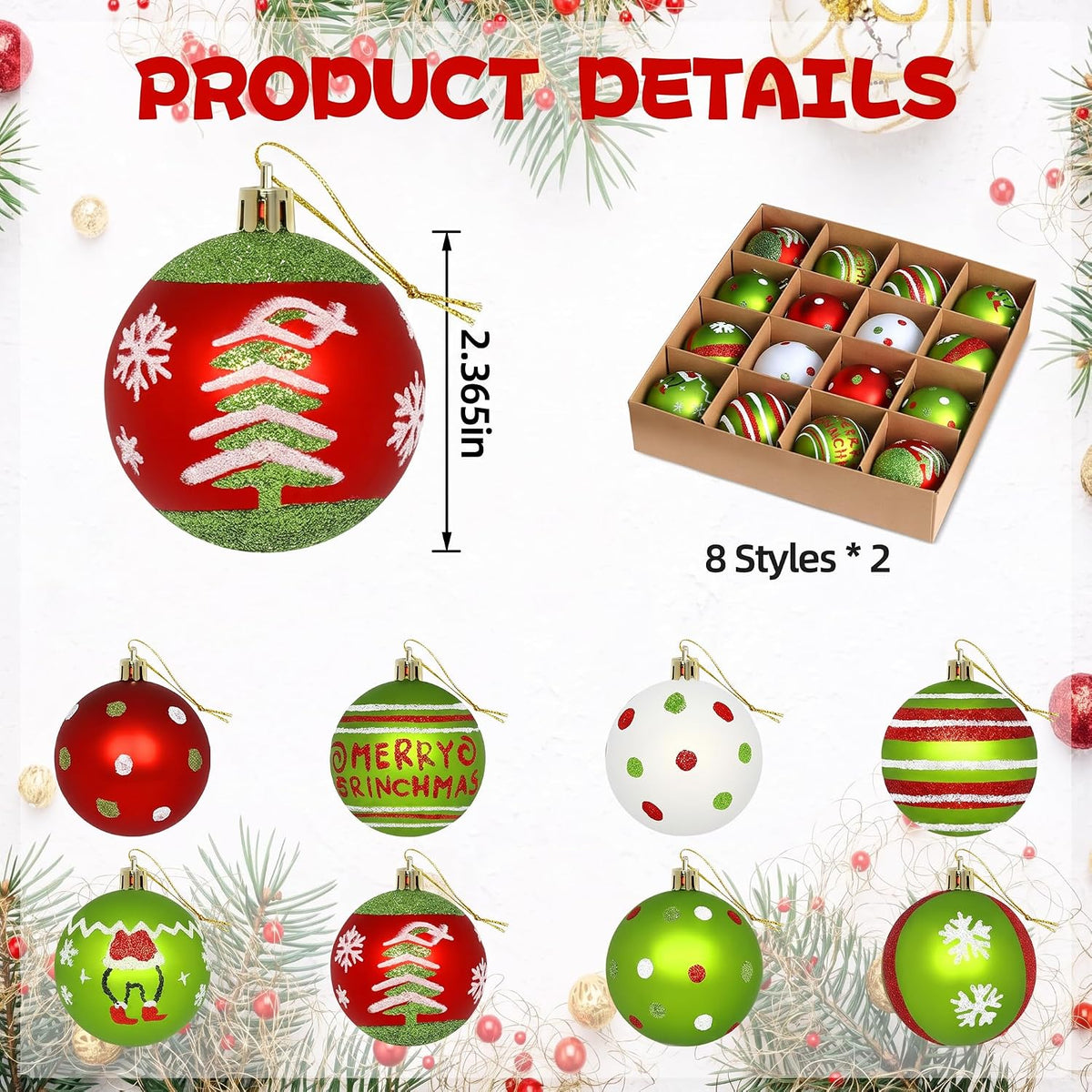 16 Christmas Tree Balls Ornaments Decoration 2.36'', Sparkly Red and Green