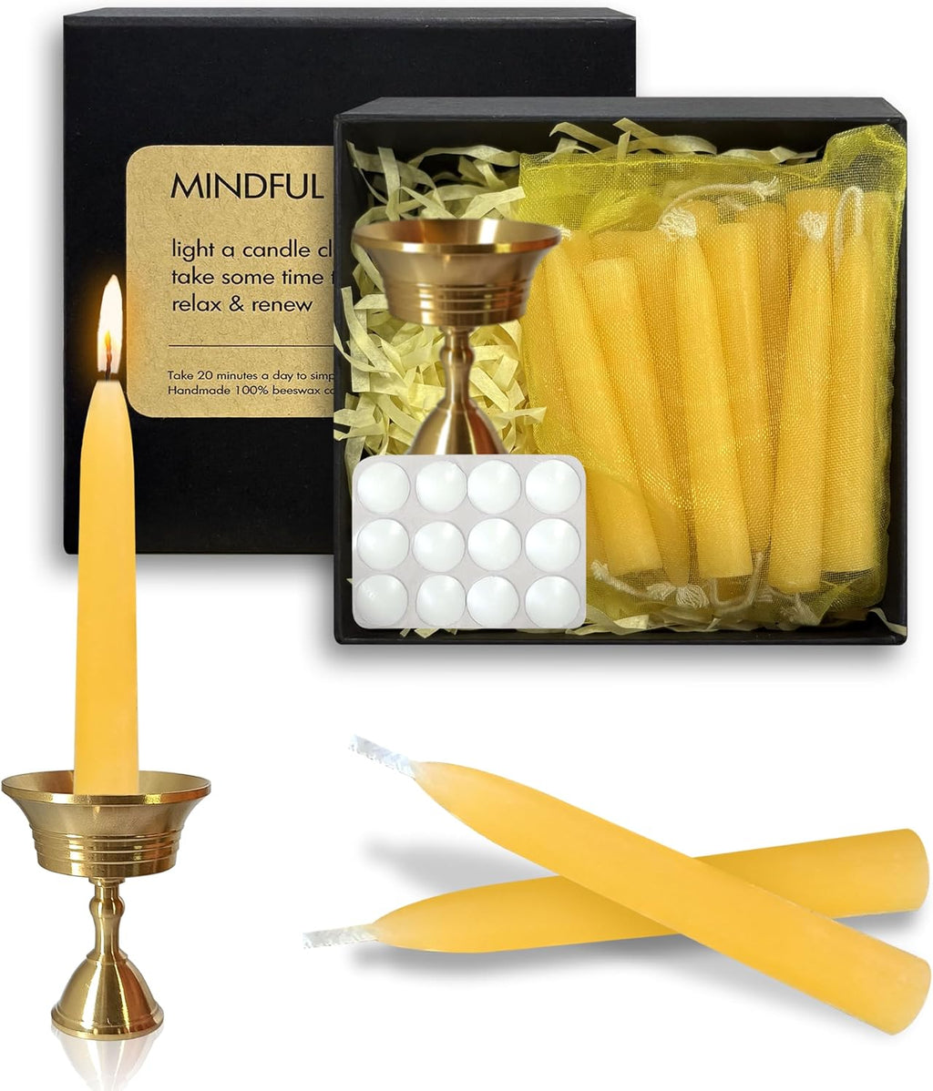 20 Min Beeswax Meditation Candles – 30 Pack, Includes Mini Candle Holder & 12 Wax Dots, Slow Burn, Natural Unscented, Yoga Prayer Mindfulness & Relaxation