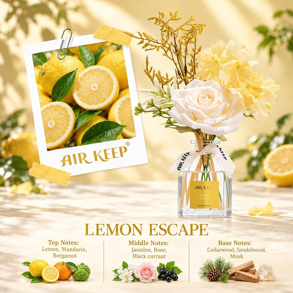 Airkeep Lemon Escape Flower Reed Diffuser Set, 4.06 fl oz