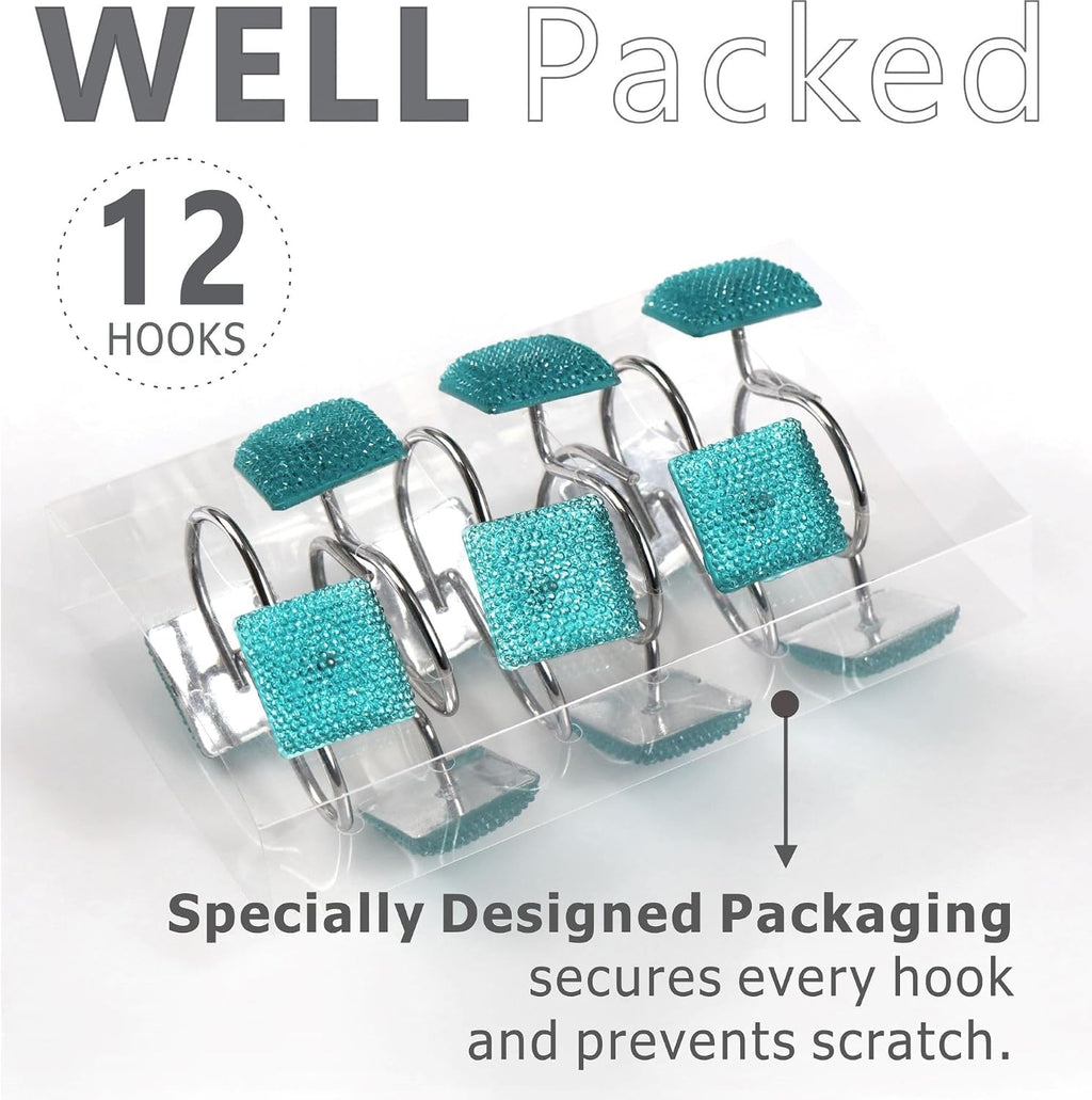 Teal Blue Bling Shower Curtain Hooks: Aqua Christmas Curtain Rings,12Pcs