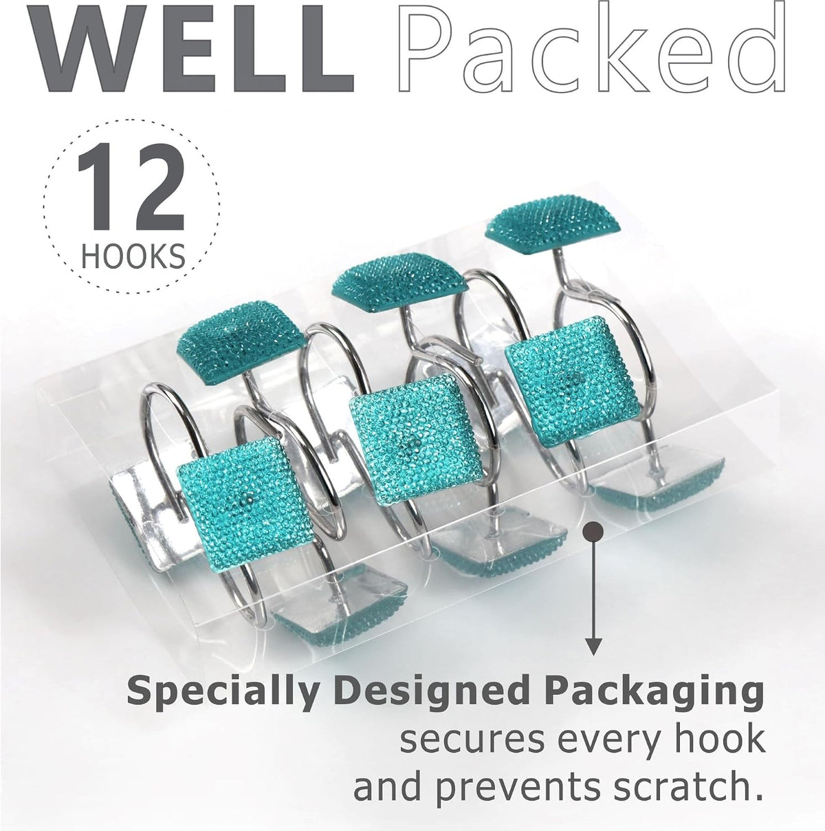 Teal Blue Bling Shower Curtain Hooks: Aqua Christmas Curtain Rings,12Pcs