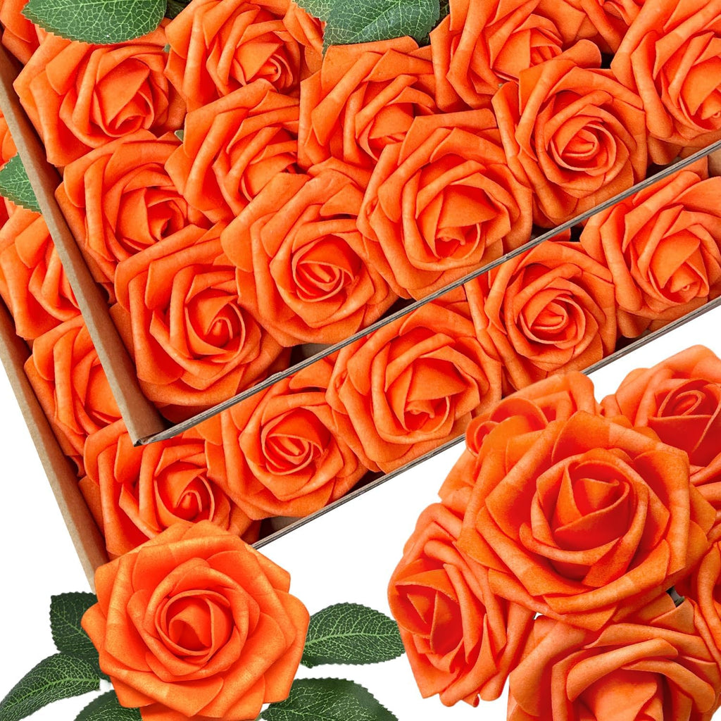 50pcs Artificial Flowers Foam Fake Rose with Stems 12 Leaves Real Looking Bright Orange Faux Roses for Wedding Bouquets Bridal Shower Centerpieces Arrangements Party Tables Decorations DIY (Orange)