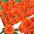 50pcs Artificial Flowers Foam Fake Rose with Stems 12 Leaves Real Looking Bright Orange Faux Roses for Wedding Bouquets Bridal Shower Centerpieces Arrangements Party Tables Decorations DIY (Orange)