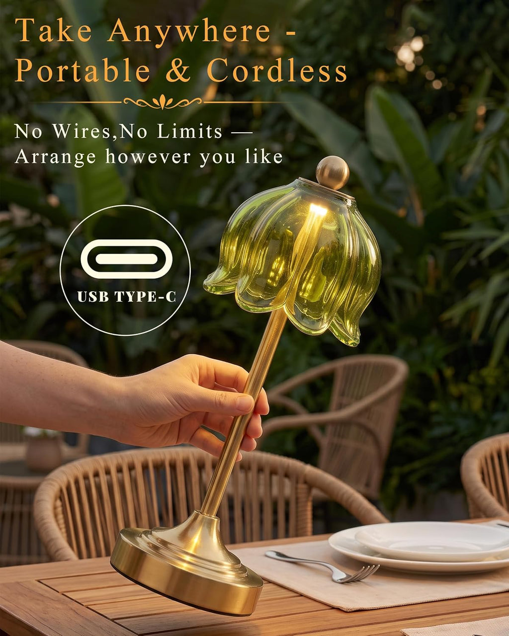 Set of 2 Vintage Cordless Green Glass Tulip Table Lamp