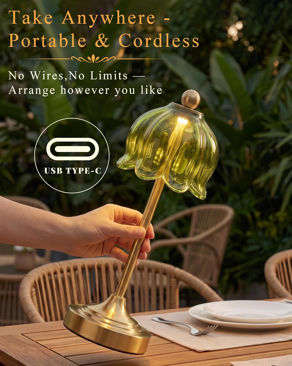 Set of 2 Vintage Cordless Green Glass Tulip Table Lamp