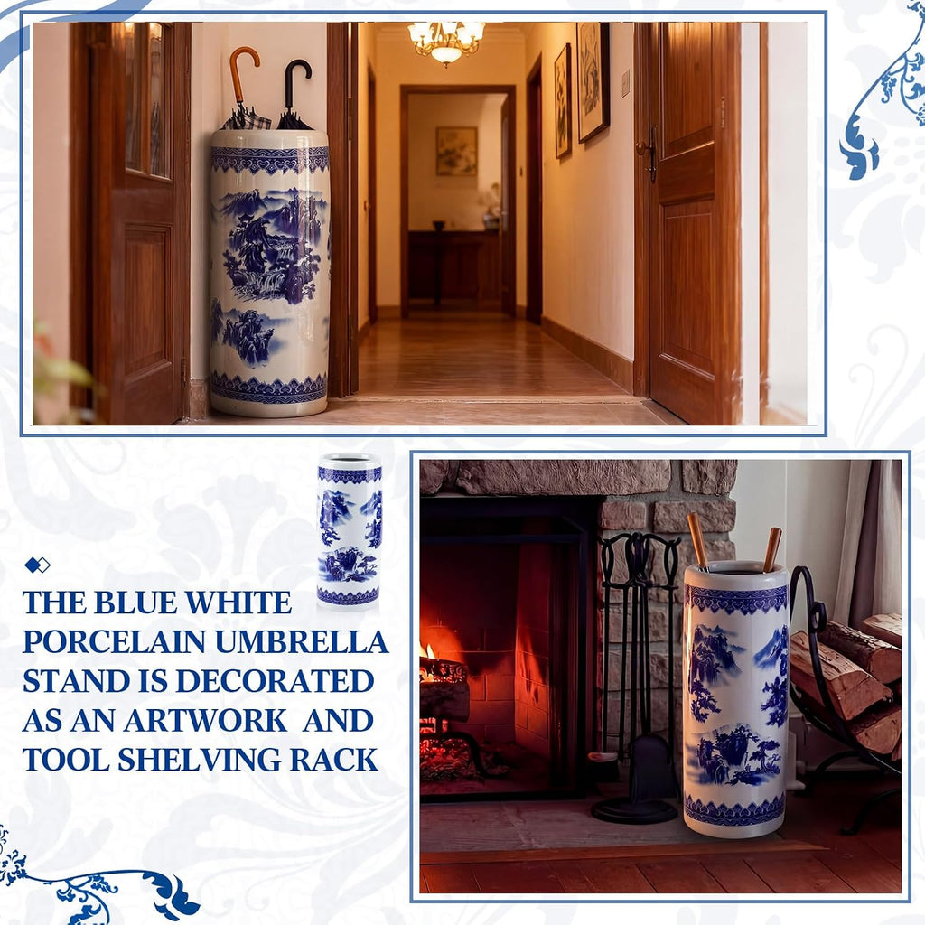 Sawysine Blue White Ceramic Umbrella Stand with Landscape Design