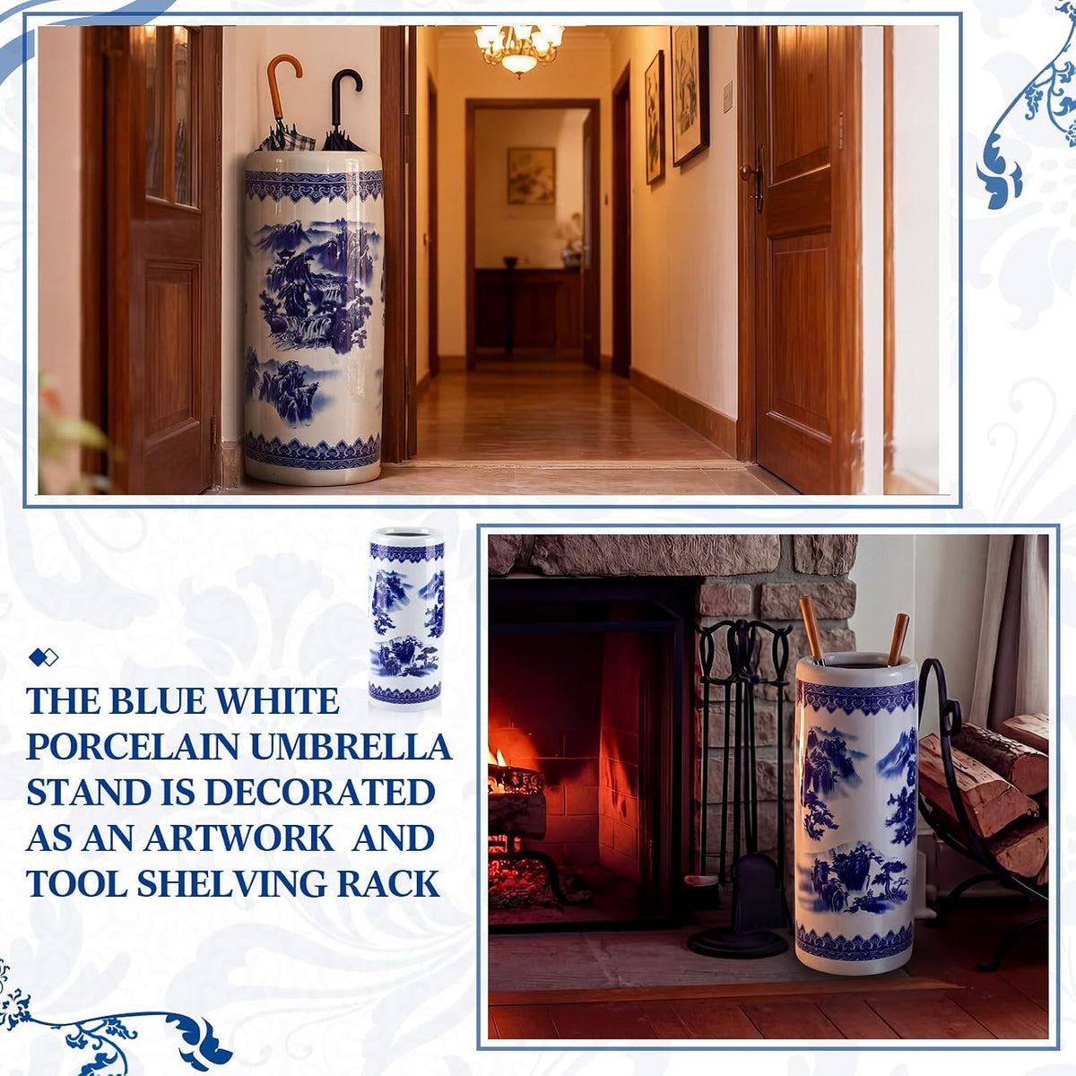 Sawysine Blue White Ceramic Umbrella Stand with Landscape Design